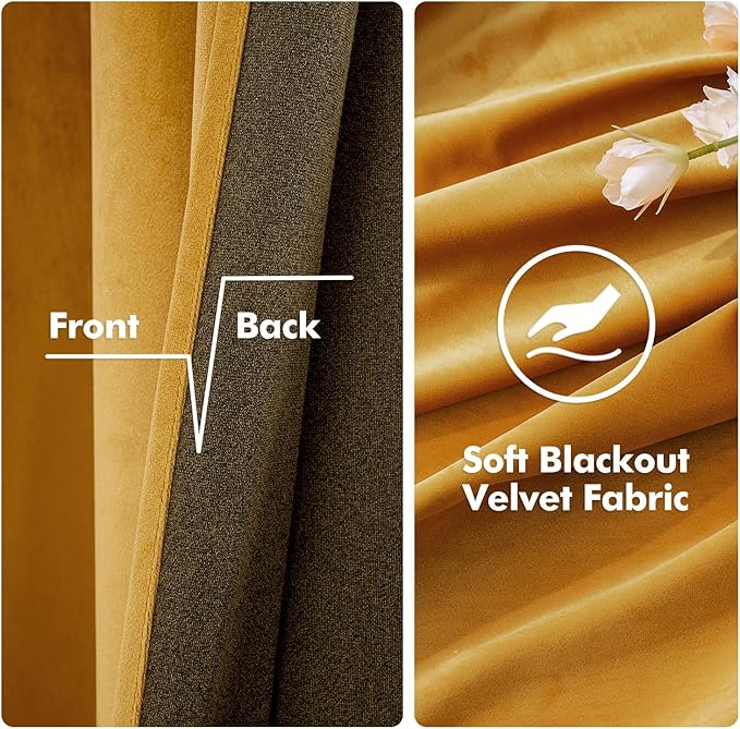 MIULEE 2 Panels Blackout Velvet Curtains Solid Soft Grommet Mustard Yellow Curtains Thermal Insulated Soundproof Room Darkening Black Out Drapes/Panels for Fall Living Room Bedroom 52 x 108 Inch
