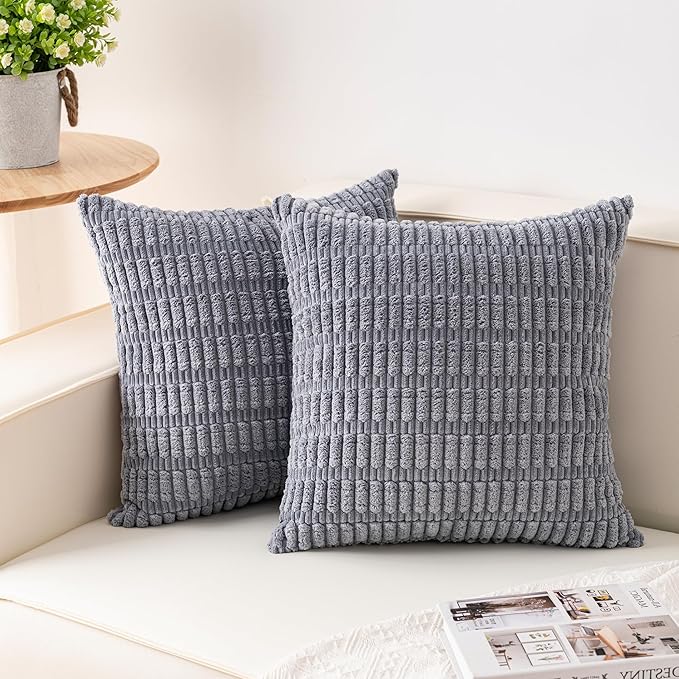 Pack of 2 Corduroy Decorative Throw Pillow Covers 18x18 InchSoft Boho Striped Pillow Covers Modern Farmhouse Home Decor for Sofa Living Room Couch Bed(Light Grey)