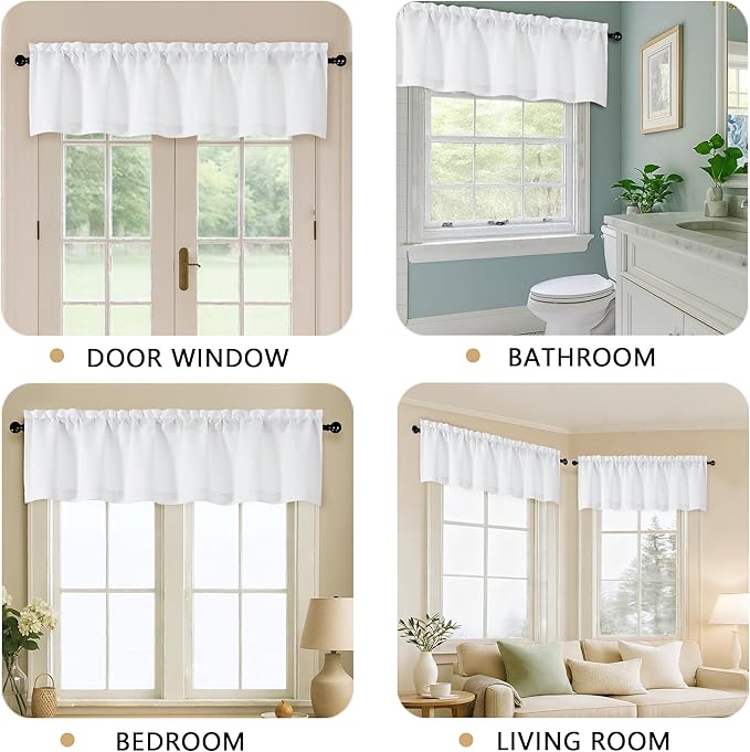 OVZME White Valance for Windows, Light Filtering Thick Textured Small Kitchen Valances for Window, Dual Rod Pocket Farmhouse Short Curtain for Bathroom Basement, 1 Piece, 60Wx18L Inch