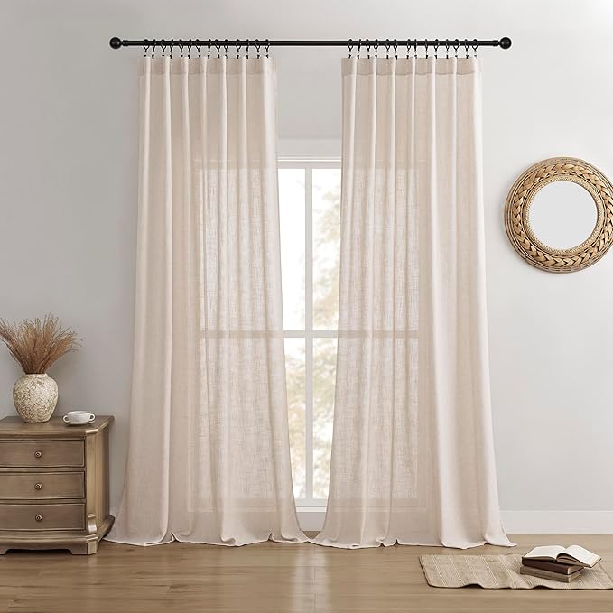 Joydeco Linen Curtains for Living Room,Semi Sheer Drapes Window Long Curtains 90 inches Long Pink Beige