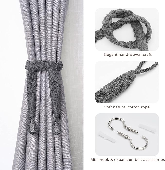 NICEEC 2 Pack Natural Cotton Rope Curtain Tiebacks Elegant Boho Style Decorative Drape Tie Backs Soft Hand-Woven Rope Curtain Holdbacks with Metal Hook for Home & Office Drapery (Dark Grey)