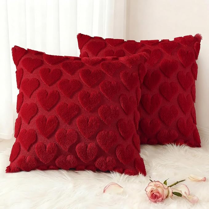 decorUhome Valentine’s Day Soft Plush Throw Pillow Covers 16x16 Inch Set of 2, Faux Fur Red Heart Decoration Neutral Square Pillow Covers for Couch Sofa Bed Cozy Farmhouse Holiday Decor