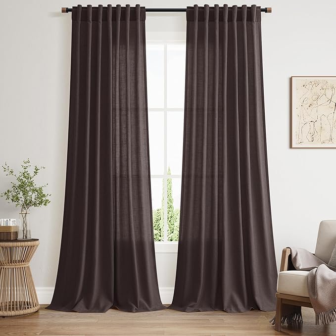 Cocoa Coffee Linen Curtains 90 Inch Long 2 Panels Set for Bedroom Living Room, Soft Linen Textured Window Drapes Semi Sheer Light Filtering Rod Pocket Back Tab Morden Style 52x90