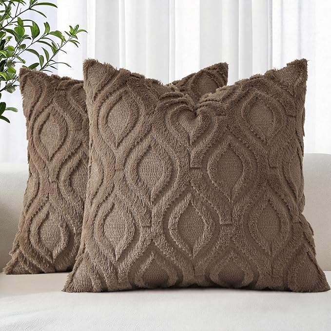 decorUhome Throw Pillow Covers 26x26 Inch Set of 2, Soft Plush Faux Wool Brown Solid Couch Pillow Covers, Accent Euro Sham Farmhouse Neutral Square Pillow Cases for Sofa Bed Living Room