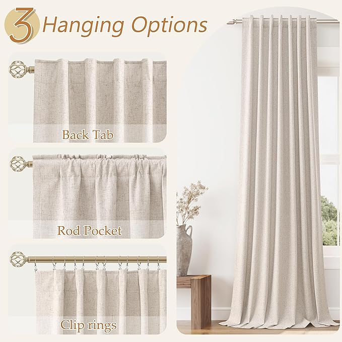 Guken Oatmeal 100% Blackout Curtains 120 Inch Length 2 Panels Set for Living Room Bedroom Back Tab Thermal Insulated Black Out Linen Drapes Room Darkening Window Curtains 52x120