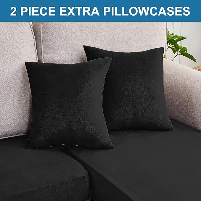 Couch Cover 3-Piece Elastic Velvet Couch Cushion Covers & Chaise Slipcovers for L-Shaped Sofas, Sofa Seat Covers Washable, Soft Cover for Couches (2 Seater + Chaise, Black)