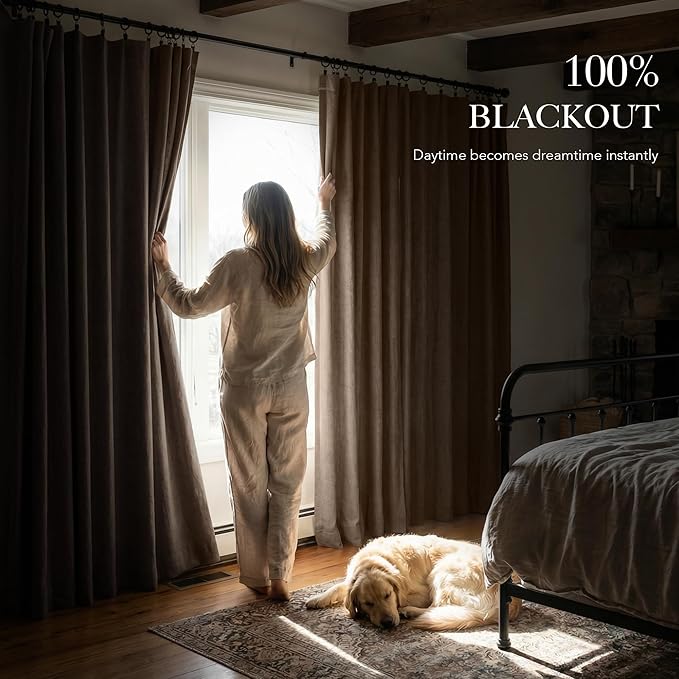 RYB HOME 100% Blackout Curtains 102 Inch Long, Thermal Insulated Window Curtains for Bedroom/Living Room/Dining/Sliding Glass Door, Privacy Assured Farmhouse Home Decor, W52 x L102, Coffee, 2 Panels