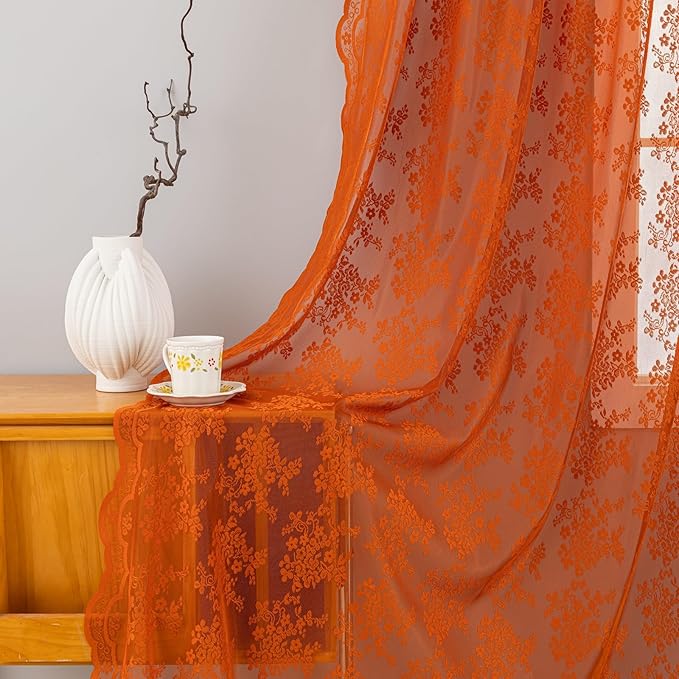 YJ YANJUN Vintage Lace Curtains 84 Inches Long-Rustic Floral Bohemian Burnt Orange Sheer Curtain Panels for Living Room Bedroom Kitchen,Light Filtering, Boho Autumn Fall Decor 2 Panels 52W x 84L