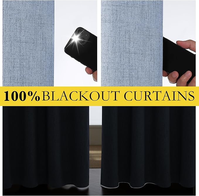 NICETOWN Stone Blue Vintage Linen 100% Blackout Curtains for Living Room, Thermal Insulated Curtains 120" Long, Noise Reducing Window Treatment Drapes for Hall Room, 52" Wide Per Panel, Set of 2