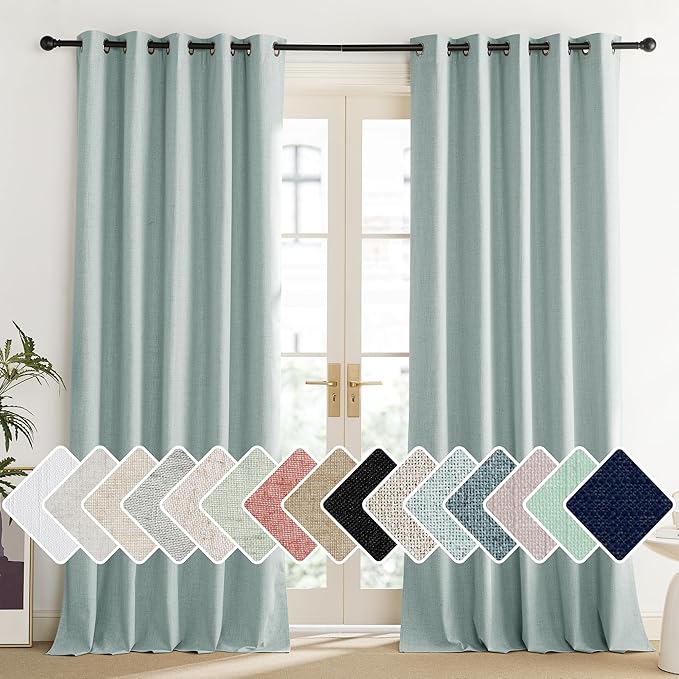 NICETOWN 100% Absolutely Blackout Linen Curtains with Thermal Insulated Liner, Seafoam Green, 62" Wide, 102" Length Energy Saving Curtains for Living Room 2 Panels Set, Vertical Blinds