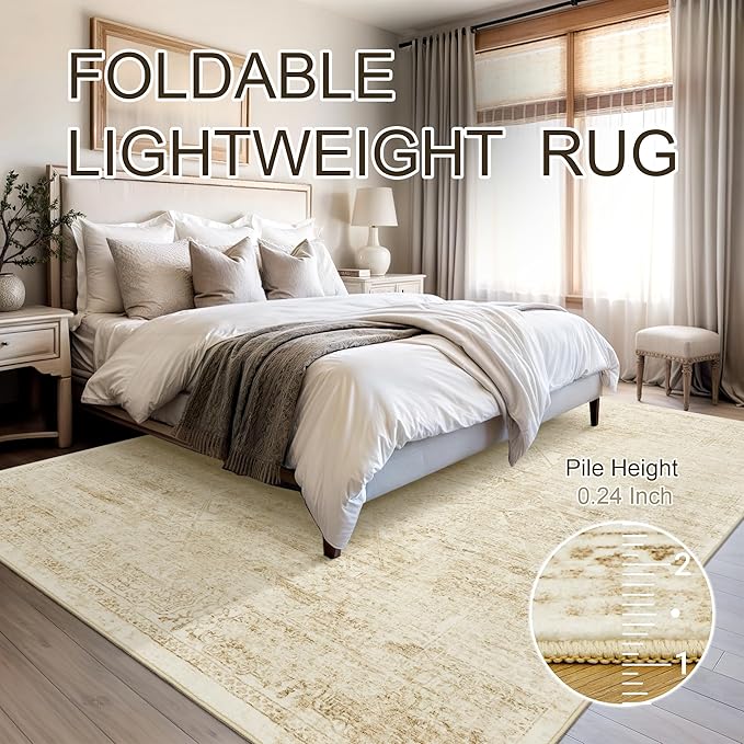 6x9 Area Rug for Living Room Floral Washable Non-Slip Modern Rugs for Bedroom Dinning Room Ultra-Thin Indoor Beige