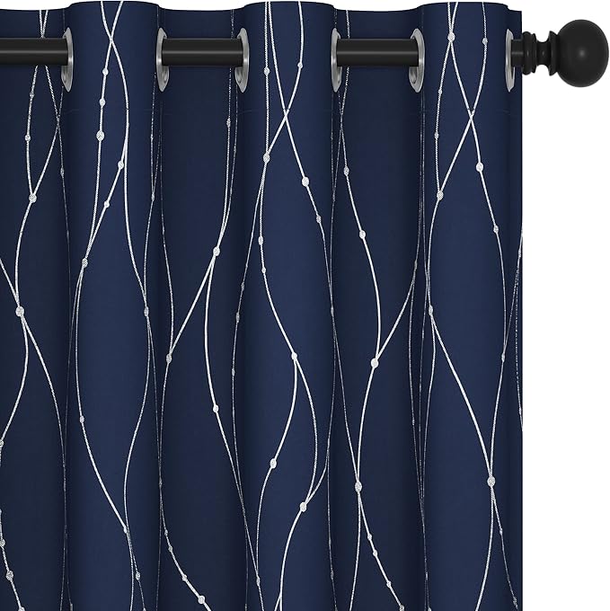 Deconovo Blackout Curtains, Thermal Insulated Noise‑Reducing Grommet Drapes, Wave Line Dot Foil Print, 52 x 72 Inch, 2 Panels, Machine‑Washable Window Curtains for Bedroom Living Room Nursery Kitchen