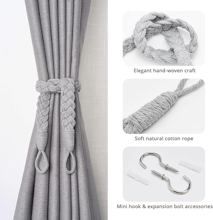 NICEEC 4 Pack Natural Cotton Rope Curtain Tiebacks Elegant Boho Style Decorative Drape Tie Backs Soft Hand-Woven Rope Curtain Holdbacks with Metal Hook for Home & Office Drapery (Light Grey)