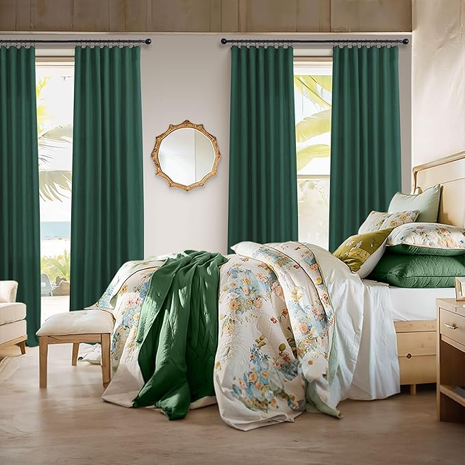 Dark Green Curtains 84 Inch Length for Bedroom 2 Panels Back Tab Pocket Hunter Green Drape Light Filtering Semi Sheer Linen Forest Emerald Green Curtain for Living Room Boho Christmas Decor 52x84 Long