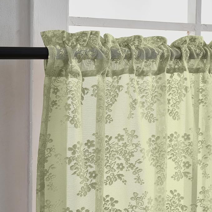 YJ YANJUN Vintage Lace Curtains 24 Inch Length- Boho Short Cafe Curtains for Small Window Light Filtering Scalloped Edges Sheer Drapes for Bathroom Basement Each 26x24 Inch 2 Panels