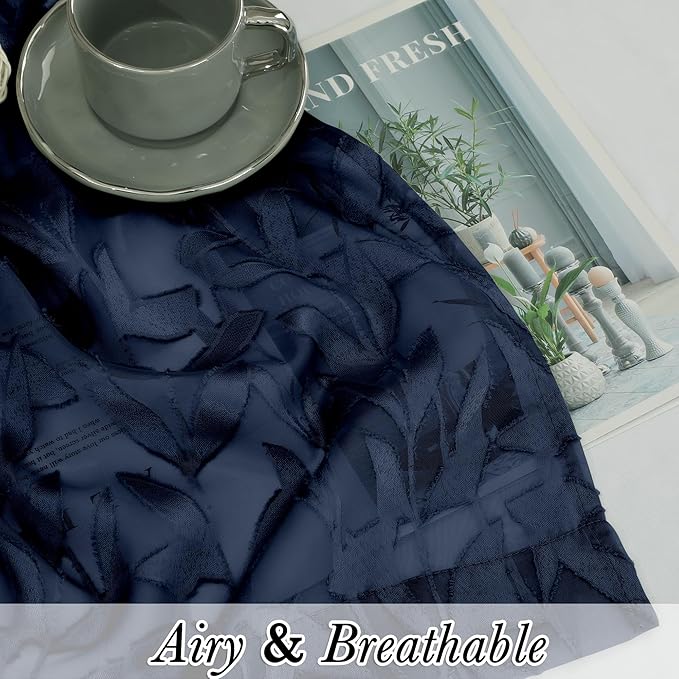Lecloud Leia Navy Blue Kitchen Sheer Curtains 24 Inch 2 Pcs, Jacquard Leaf Textured Voile Short Curtain Tiers with Dual Rod Pocket, Soft Airy Bathroom Bedroom Curtains for Small Windows, 28" W x 24" L