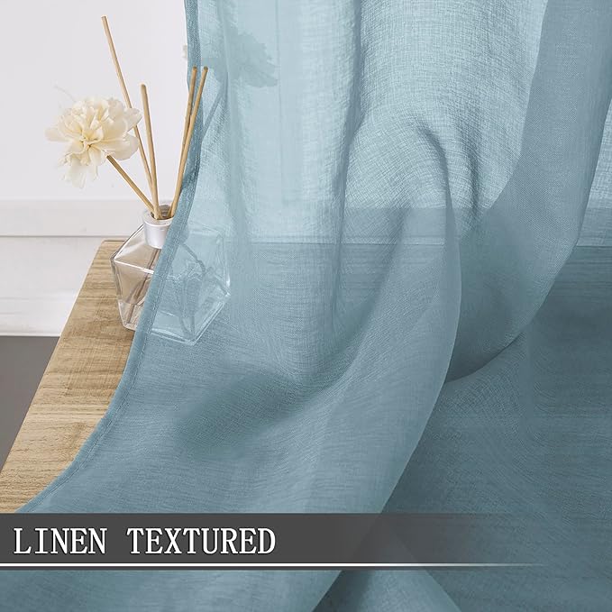 Tollpiz Sheer Curtains Living Room Linen Textured Curtain Sheers Light Filtering Voile Rod Pocket Curtains for Bedroom, 38 x 63 inches Long, Dusty Blue, Set of 2 Panels