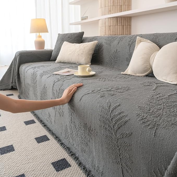 HANDONTIME Washable Couch Covers for Sofa Boho Couch Covers for 3 Cushion Sofa Pet Friendly Grey Chenille Jacquard Couch Protector for Dogs Plant Branch Sectional Cover Sofa Slipcovers, 71" X 150"
