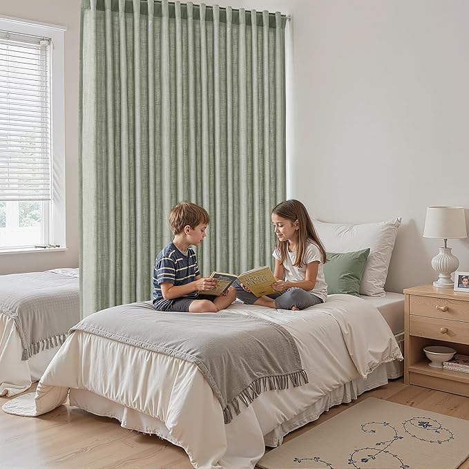 Sage Green Large Window Curtains Light Filtering Semi Sheer Privacy Linen Textured Curtain for Patio Sliding Glass Door Extra Wide Rustic Farmhouse Drapes for Living Room Bedroom Sunroom 100x90 Inch