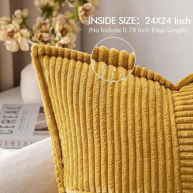 MIULEE Mustard Yellow Corduroy Decorative Euro Sham Pillow Covers 24x24 Inch with Splicing Set of 2 Soft Boho Pillow Covers Broadside Textured Summer Pillowcases for Couch Bed Livingroom