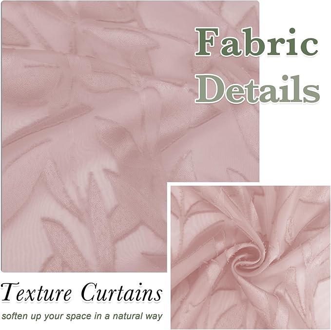 Lecloud Leia Blush Pink Sheer Curtains 36 Inch Length 2 Panels, Jacquard Leaf Textured Voile Short Curtains, Dual Rod Pocket Semi Sheer Tiers for Kitchen Bathroom Bedroom Living Room, 28" W x 36" L
