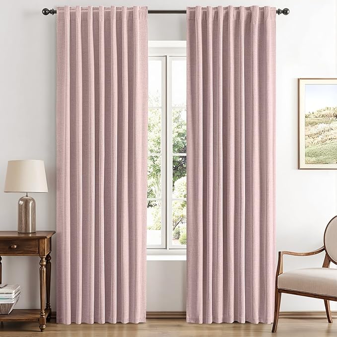 MIULEE 100% Blackout Linen Curtains for Bedroom, Pink Solid Luxury Decor Thermal Insulation Room Darkening Drapes for Living Room Nursery Back Tab Rod Pocket 42 x 63 Inches, 2 Panels