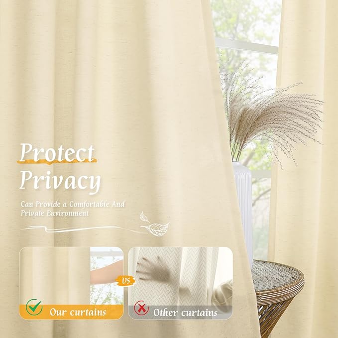 LAMIT Beige Linen Curtains for Windows 2 Panels Set, 48 Inch Linen Textured Light Filtering Bedroom Drapes Rod Pocket Boho Window Treatment Panels for Farmhouse/RV Camper/Loft, 42 x 48 Inch