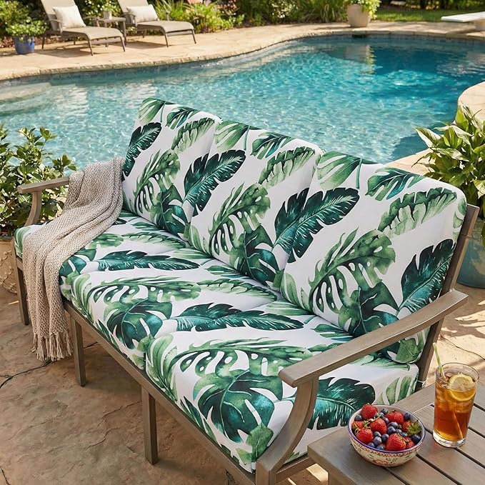 hyha Printed Couch Cushion Covers, Floral Sofa Covers Washable for 3 Cushion Couch, Stretch Pattern Outdoor Cushion Covers for Patio Furniture with Elastic Bottom(3 Packs, Monstera Deliciosa)