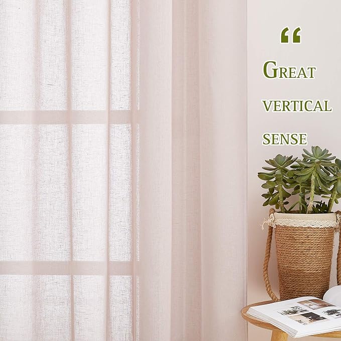 NICETOWN Linen Textured Semi Sheer Bedroom Curtains, Grommet Top Casual 84" Long Thick Semitransparent Flax Sheer Window Treatment Privacy for Nursery, 1 Panel = 36" W, 2 Panels, Dusty Blush