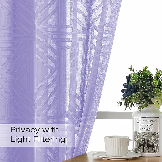 Simplebrand Lavender Semi Sheer Curtains 84 Inches Long 2 Panels, Light Filtering Geometric Jacquard Clip Textured Sheer Curtains for Bedroom，Modern Elegant Window Curtains Drapes，42x84 inch