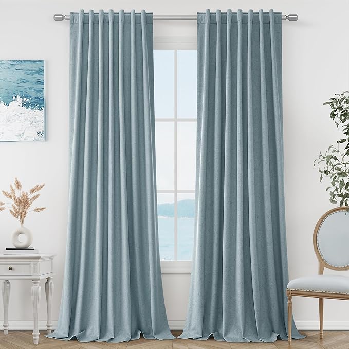 Guken Blue 100% Blackout Linen Curtains 132 Inch Length 2 Panels Set for Living Room Bedroom Back Tab Thermal Insulated Black Out Drapes Room Darkening Farmhouse Window Curtains Dusty Blue 52x132