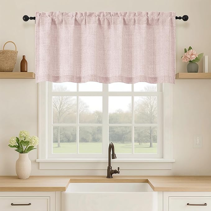 OVZME Blush Pink Valance for Windows, Light Filtering Faux Linen Textured Small Kitchen Valances for Windows, Dual Rod Pocket Farmhouse Short Curtain for Bathroom Basement, 60Wx20L inch, 1 Piece