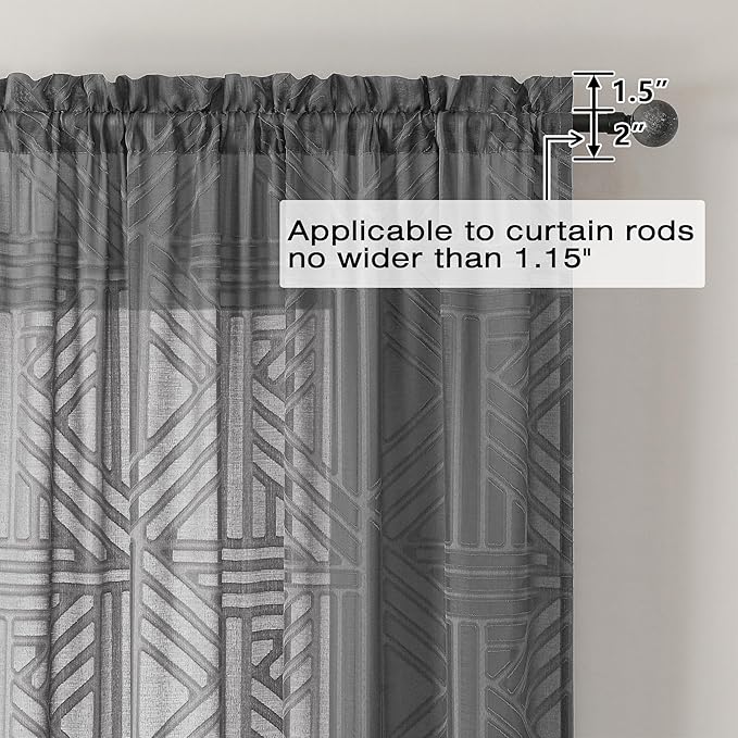Simplebrand Grey Sheer Curtains 72 Inch Length 2 Panels for Living Room, Light Filtering Geometric Jacquard Clip Textured Rod Pocket Semi Sheer Curtains for Front Back Patio Glass Door，42x72 inch