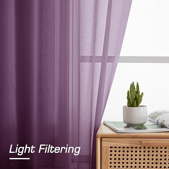 OWENIE Sheer Curtains 96 Inches Long 2 Panels Set, Transparent Light Filtering Plam Purple Sheer Curtain Rod Pocket Clear Drapes for Living Room Bedroom 2Pcs, Each 42 x 72 Inch, Plam