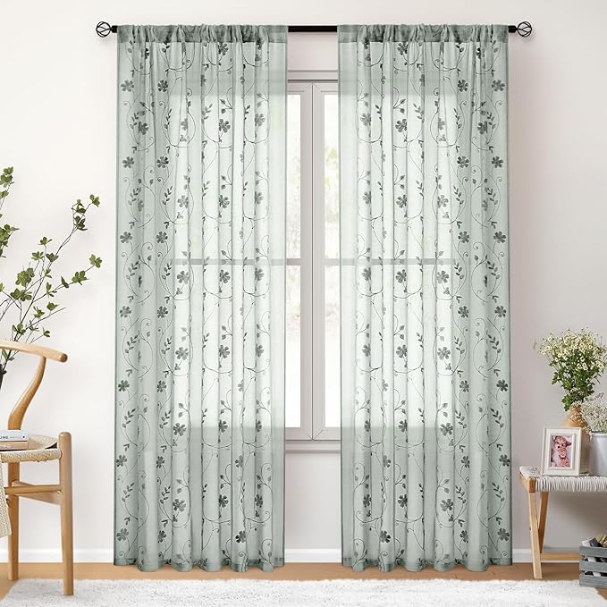 HOMEIDEAS Sage Green Sheer Curtains 96 Inches Long 2 Panels Embroidered Floral Pattern Semi Sheer Window Curtains for Bedroom Living Room