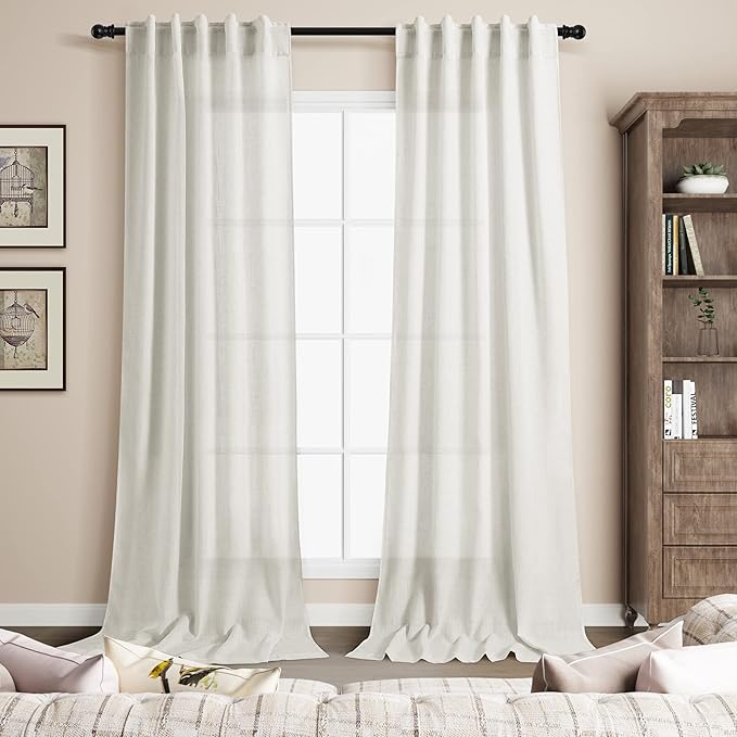 Extra Long Curtains 120 inch Length 2 Panels Set Back Tab Neutral Farmhouse Drapes Light Filtering Semi Sheer Linen Curtain 120 inches Long for Floor to Ceiling Window Ivory Cream 38 inches Wide