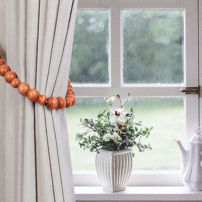 Wood Bead Curtain Tiebacks, KLOGTSIND Set of 6 Curtain Holdbacks for Thin or Thick Window Draperies, Boho Farmhouse Curtain Tiebacks with Hooks, Curtain Tie Backs for Home Office Room Decor