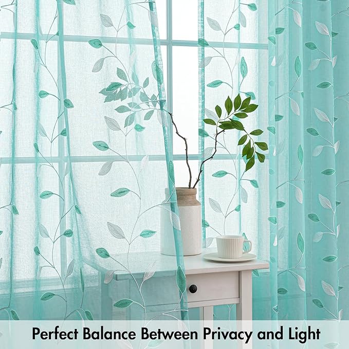 MIULEE Turquoise Sheer Curtains 2 Panels Embroidered Leaf Patterned Rod Pocket Floral Semi Sheer Faux Linen Window Curtains Drapes Set for Living Room Bedroom Dining Room, 52x63 Inches Long