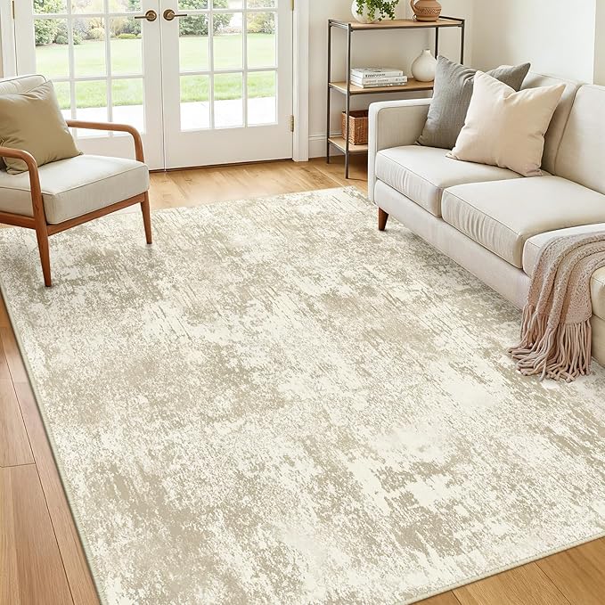 Washable Area Rugs 9'x12' Non-Slip Modern Abstract Soft for Living Room Entryway Bedroom Nursery, Print Pattern, Beige Cream Brown
