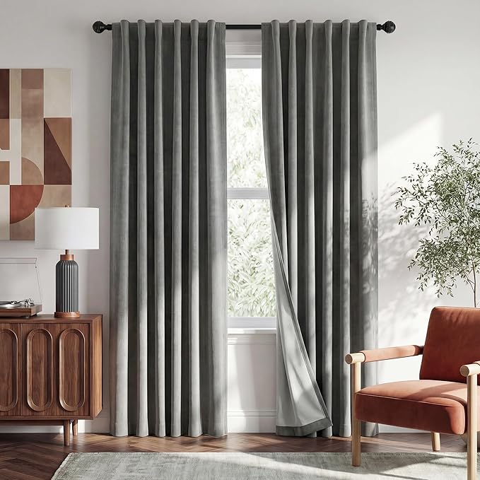 RYB HOME 100% Blackout Curtains Linen Textured 102 Inch Long, Insulating Energy Saving Window Curtains for Bedroom Living Room Dining Patio Sliding Glass Door, W52 x L102 inch, Grey, 2 Panels