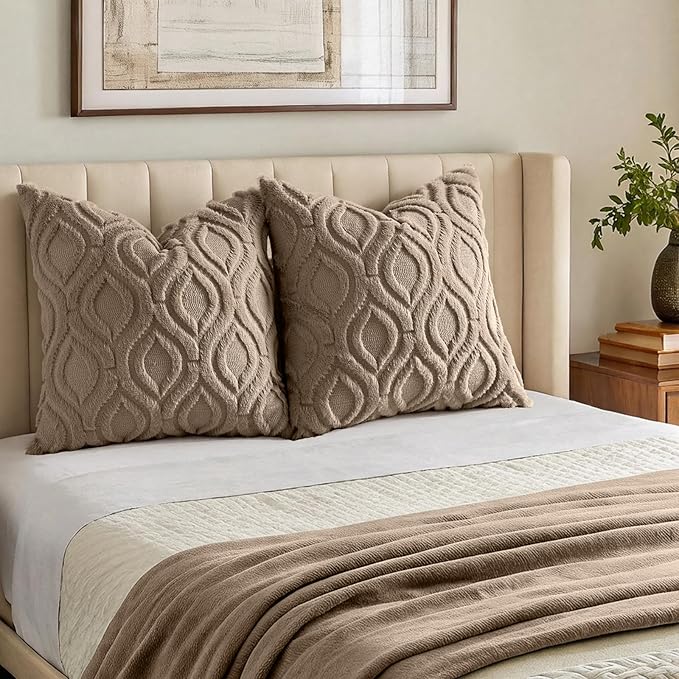 decorUhome Throw Pillow Covers 22x22 Inch Set of 2, Soft Plush Faux Wool Light Brown Solid Couch Pillow Covers, Accent Euro Sham Farmhouse Neutral Square Pillow Cases for Sofa Bed Living Room