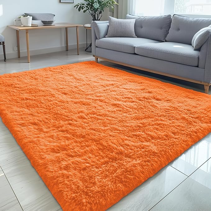 OLANLY 5x7 Machine Washable Large Area Rugs for Living Room, Bedroom, Soft Fluffy Shaggy Bedside Rug, Indoor Floor Carpet for Kids Girls and Boys, Dorms, Home Decor Aesthetic, Orange