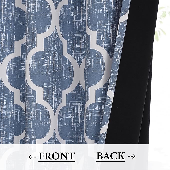 Beauoop 100% Blackout Curtains 90 Inches Long 2 Panels for Bedroom Living Room Blue Moroccan Geo Room Darkening Thermal Insulated Soundproof Grommet Top Window Treatments Drapes, 50x90 Set of 2