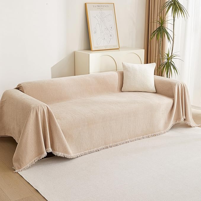 MYSKY HOME Chenille Couch Covers for Sectional Sofa, Couch Cover for Dogs, Washable Sofa Cover, Soft Furniture Protector, Sofa Covers for Futon, Loveseat, Cushion Cover with Tassel, 71"x 102", Khaki