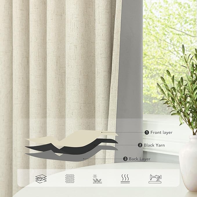 Primitive Curtain 108 Inch Long 2 Panels Burg Linen Textured 9 ft Floor Length to Ceiling Traverse Curtains for Living Room Extra Wide Extreme Blackout Drapes Sun Blocking Sound Absorbing Cream Beige
