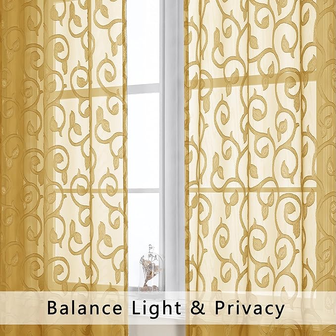 OWENIE Furman Gold Sheer Curtains 84 inches Long for Bedroom Living Room 2 Panels Set, Jacquard Clip Light Filtering Semi Sheer Curtains Rod Pocket Window Drapes, 2 Pcs Each 40 W 84 L