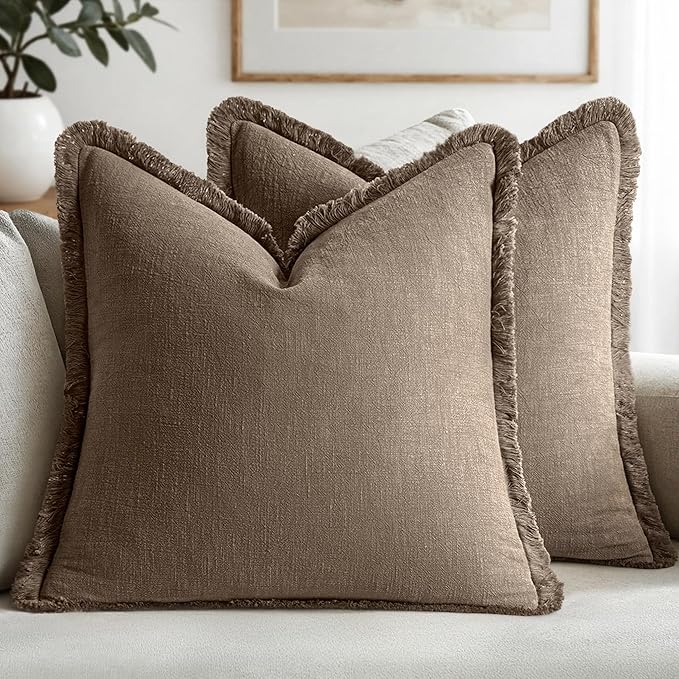 MIULEE Decorative Throw Pillow Covers Neutral Linen Fringe Throw Pillows Euro Shams Set of 2 Cocoa Brown Boho Farmhouse Cushion Covers for Couch Sofa Bed Living Room Spring Home Decor 24x24 Inch