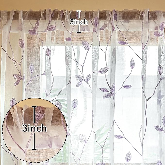 AmHoo 2 Panels Embroidered Leaf Pattern Semi Sheer Curtains Foliage Floral Voile Window Draperies Treatment for Bedroom Living Room Rod Pocket White Lavender Purple 53 x 63 Inch