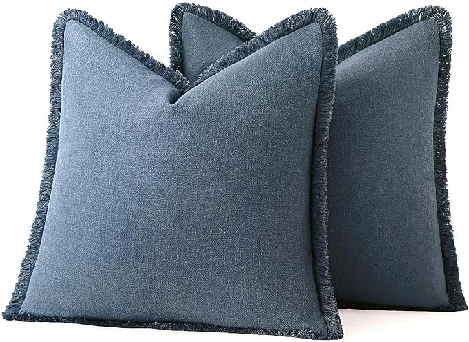 MIULEE Decorative Throw Pillow Covers Neutral Linen Fringe Throw Pillows Set of 2 Blue Ashes Boho Farmhouse Cushion Covers with Tassels for Couch Sofa Bed Spring Home Decor 24x24 Inch