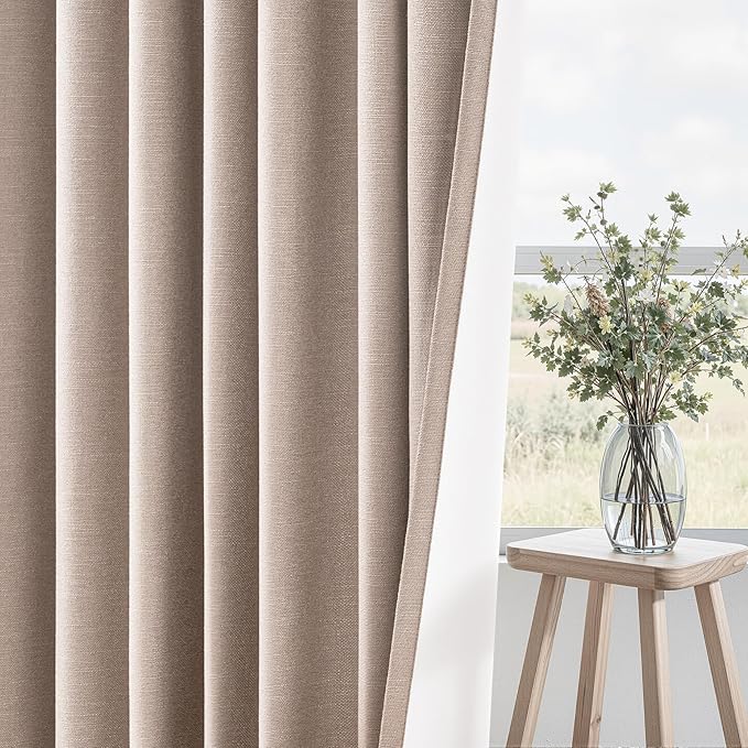 102 inch long Linen blackout curtains for tall windows 2 Panels 100% Blackout Linen texture Curtain Window Drapes Back Tab Rod Pocket Room Darkening Thermal Insulated Panel for Bedroom Living Room